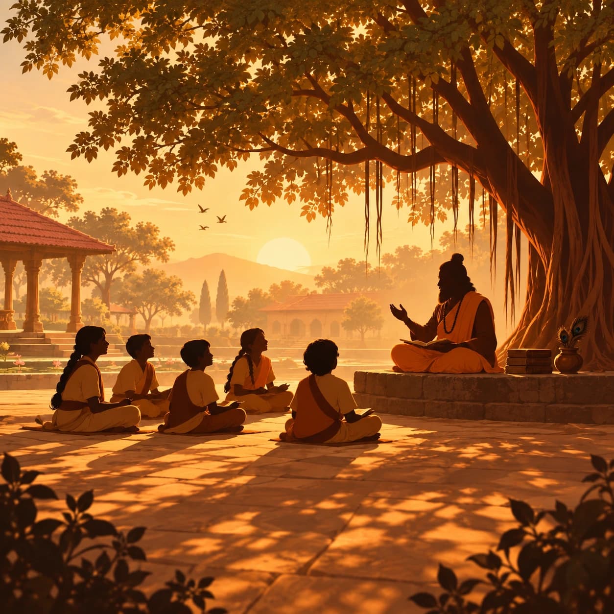 Illustration of a guru teaching five students beneath a banyan tree at sunset
